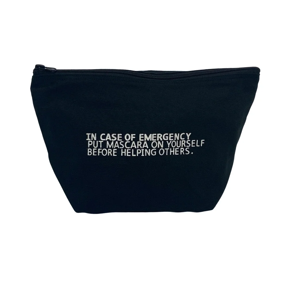 Chic Funny Makeup Bag Set Mascara Emergency w Travel Bottles Black Canvas NEW